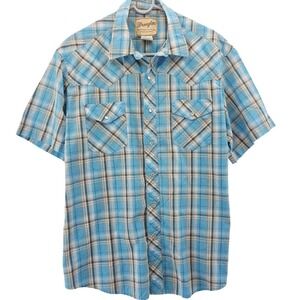 Wrangler Shirt Mens XL‎ Blue Plaid Western Pearl Snap Short Sleeve Cowboy Rodeo